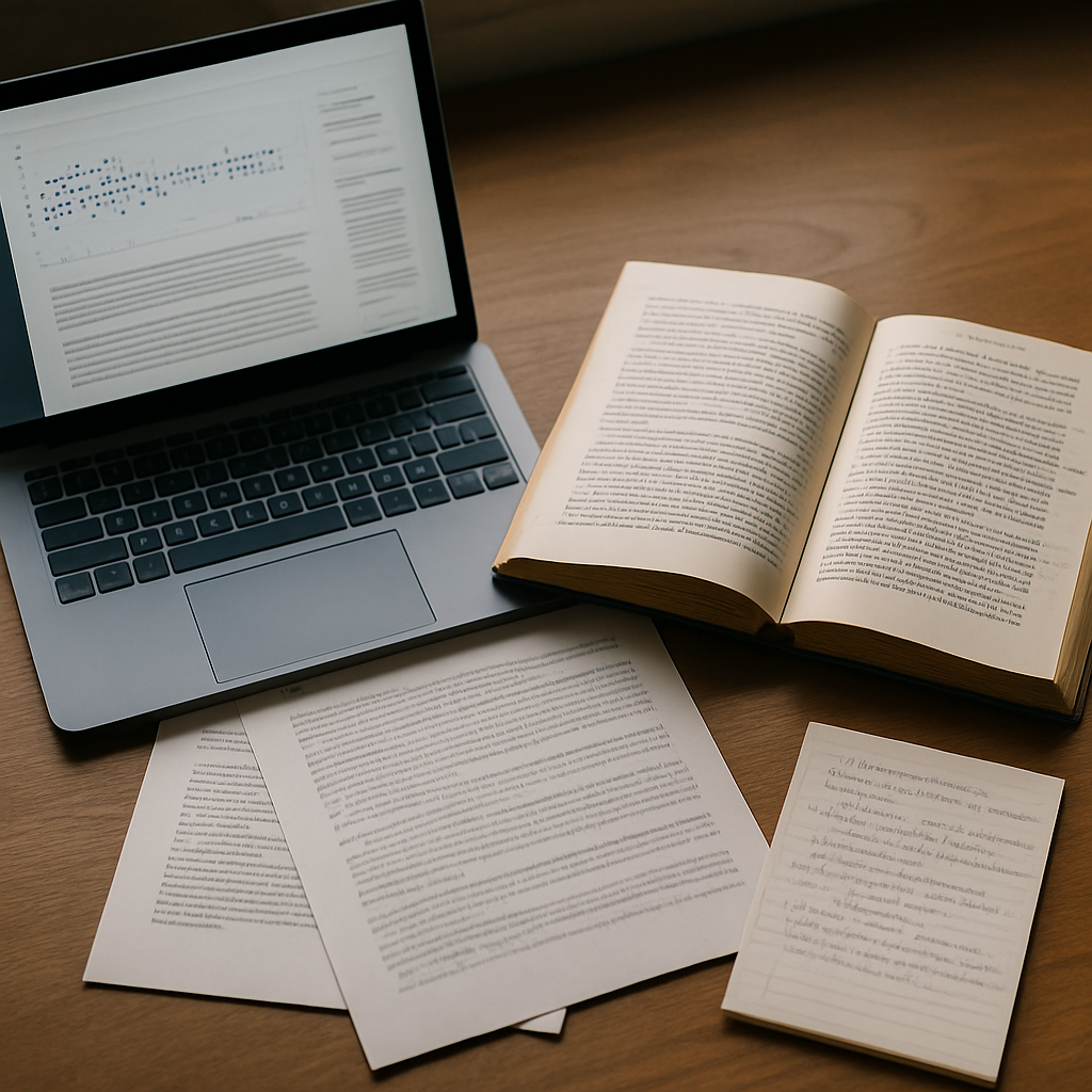 An annotated English novel and research notes sit beside a laptop showing text analysis