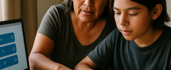 An Indigenous language educator and young learner work together with a bilingual storybook and