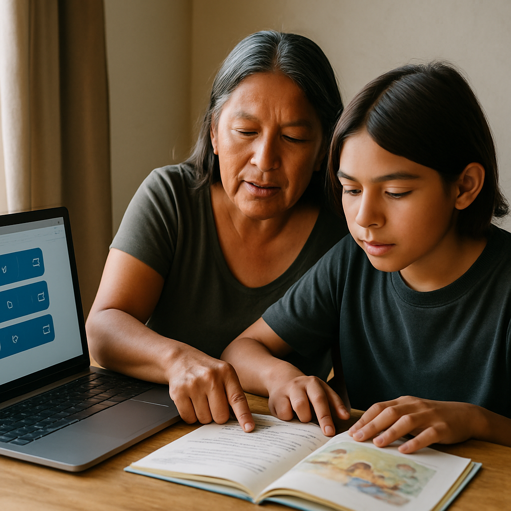 An Indigenous language educator and young learner work together with a bilingual storybook and