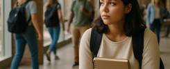 A first-generation student sits apart in a busy university common area, capturing the gap