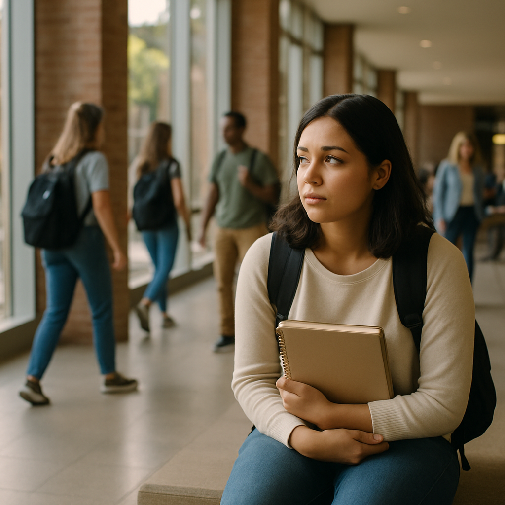 A first-generation student sits apart in a busy university common area, capturing the gap